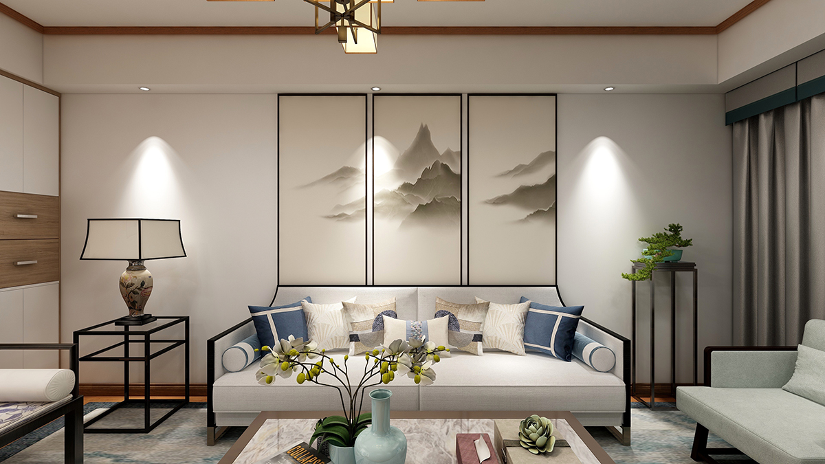 客厅的沙发背景采用简单的大幅三副山水画作为装饰，精巧的黑色线框与沙发木质线框呼应，同时，将由地面、墙面、顶面呼应相乘整个空间连成一个整体。
