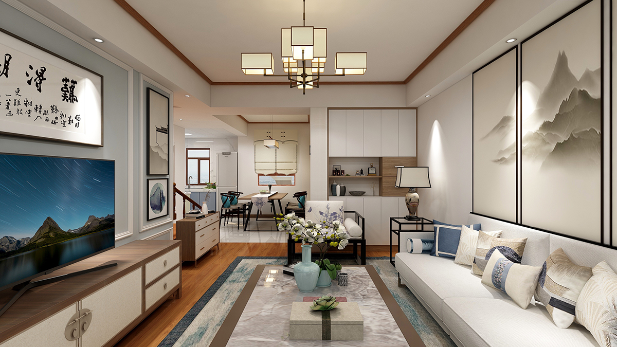客厅是一个家的门面，所以客厅的设计尤为重要，整个空间中适当的留白处理，营造出含蓄的意境。通过黑色、白色来营造空间氛围也是另一种对中式水墨的诠释，同事原木色、蓝色点缀空间，更是活跃空间，使整个空间雅致舒适
